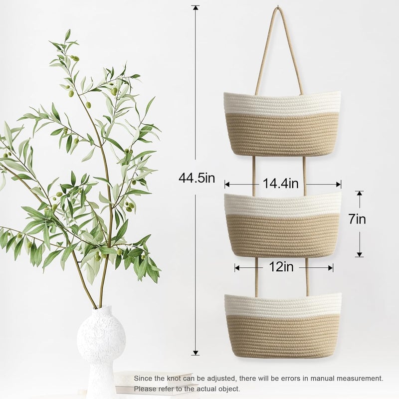 TeoKJ Over the Door Hanging Basket, 3-Tier Woven Cotton Wall-Mounted Storage Organizer Bag Decorative Hanging Kitchen Baskets - White + Jute - Image 3